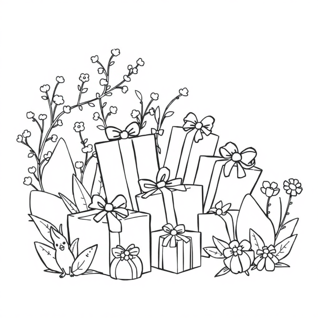 Detailed Wrapped Presents In Garden Coloring Page