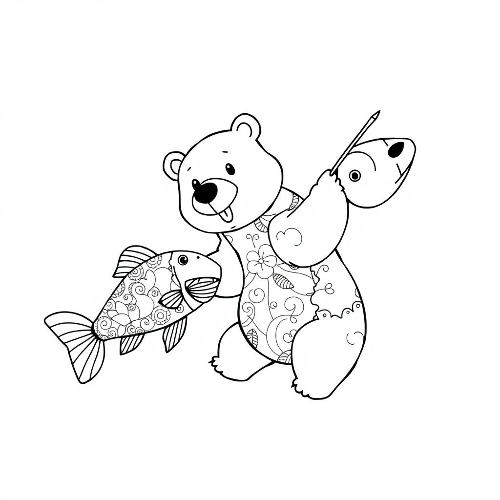 Zentangle Style Bear Catching Fish Coloring Page