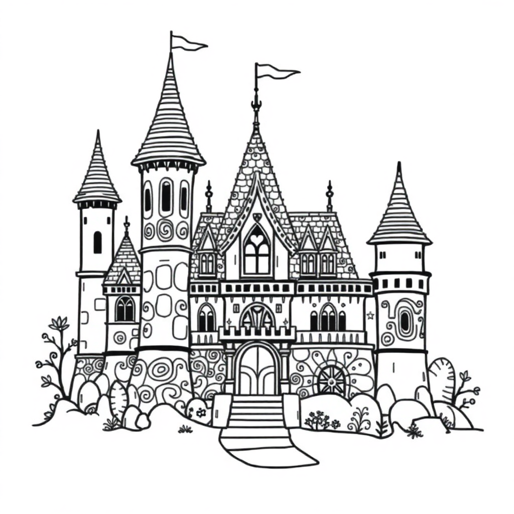 Zentangle Style Enchanted Castle Coloring Page