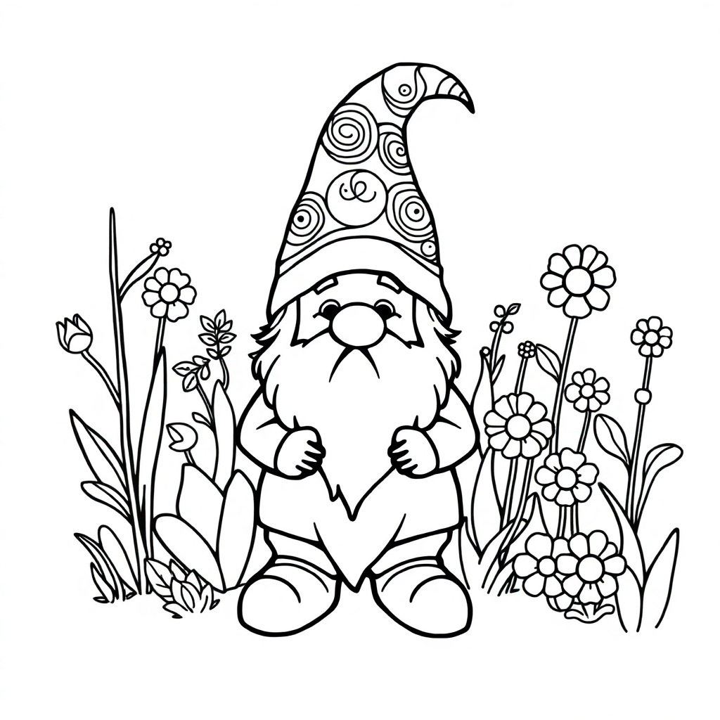 Zentangle Style Gnome In Garden Coloring Page