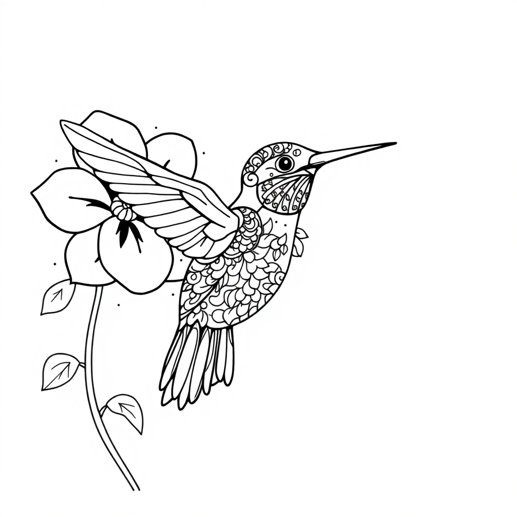 Zentangle Style Hummingbird Near Flower Coloring Page