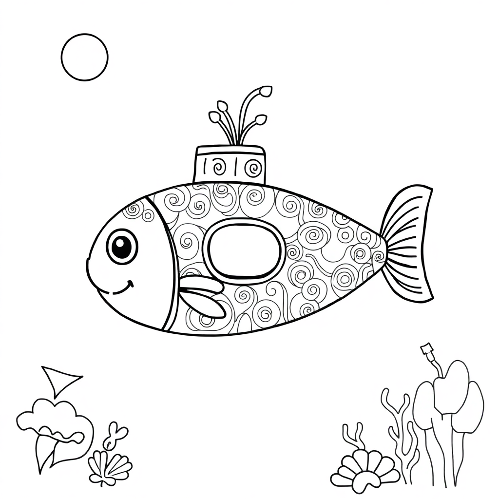 Zentangle Style Submarine Underwater Coloring Page