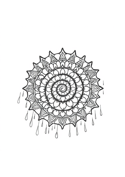 Abstract Spiral Mandala In Rain Coloring Page