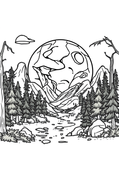 Alien Planet Landscape In Forest Coloring Page