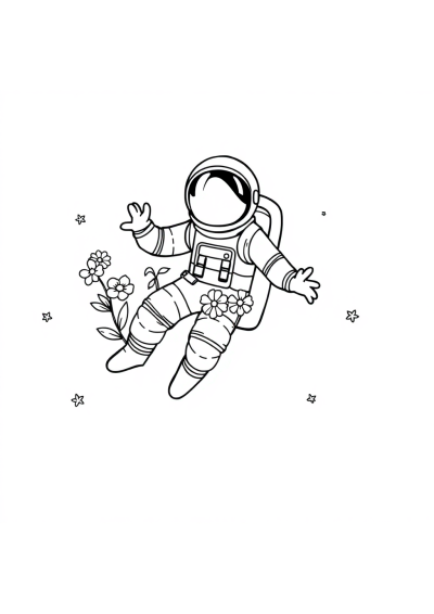 Astronaut Floating In Space With Flowers Coloring Page