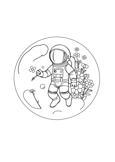 Astronaut On Moon With Flowers Coloring Page