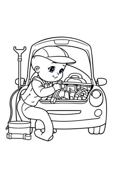 Baby Mechanic Fixing Car Coloring Page