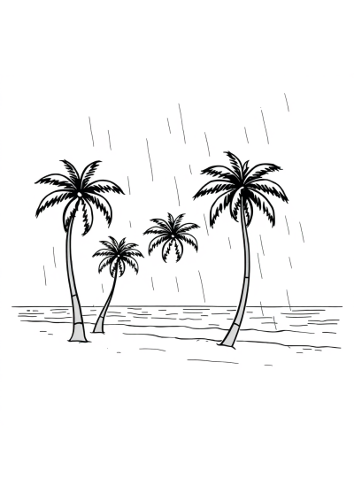 Beach With Palm Trees In Rain Coloring Page
