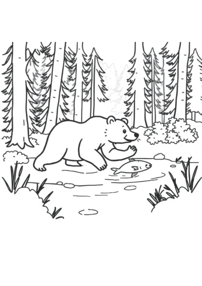 Bear Catching Fish In Forest Coloring Page