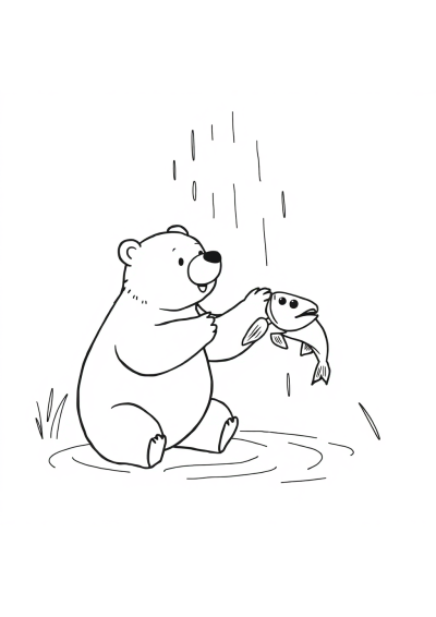 Bear Catching Fish In Rain Coloring Page