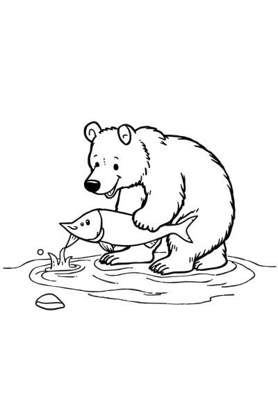 Bear Catching Fish On Beach Coloring Page