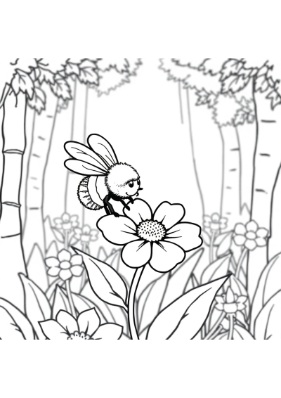 Bee On Flower In Forest Coloring Page
