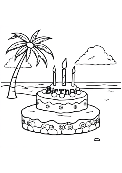 Birthday Cake On Beach Coloring Page