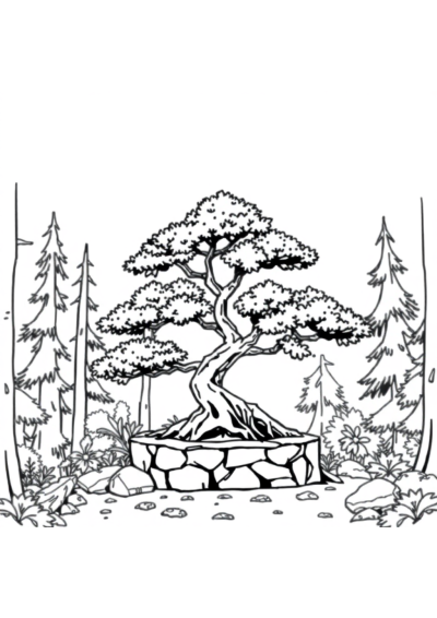 Bonsai Tree In Forest Coloring Page