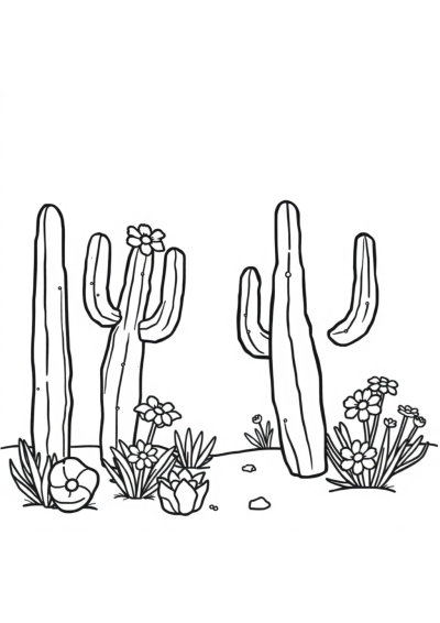 Cactus Desert With Flowers Coloring Page