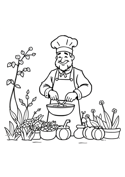 Printable Chef Cooking In Garden Coloring Page