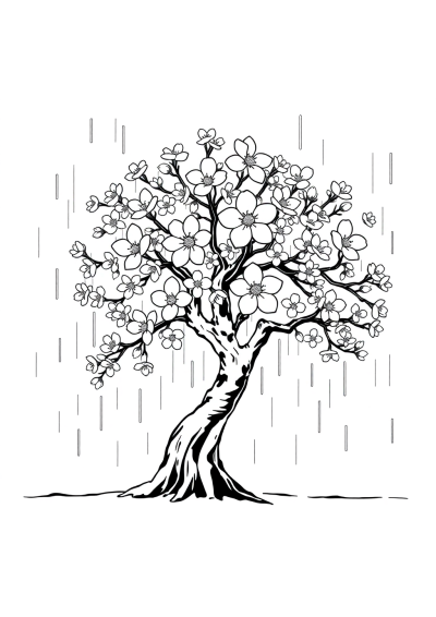 Cherry Blossom Tree In Rain Coloring Page
