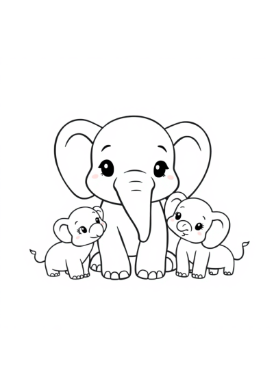 Chibi Elephant Family Coloring Page