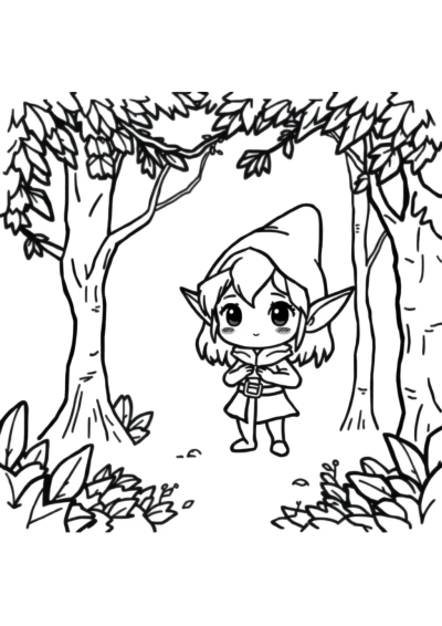 Chibi Elf In Forest Coloring Page