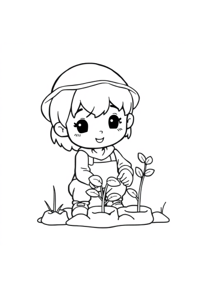 Chibi Gardener Planting Coloring Page
