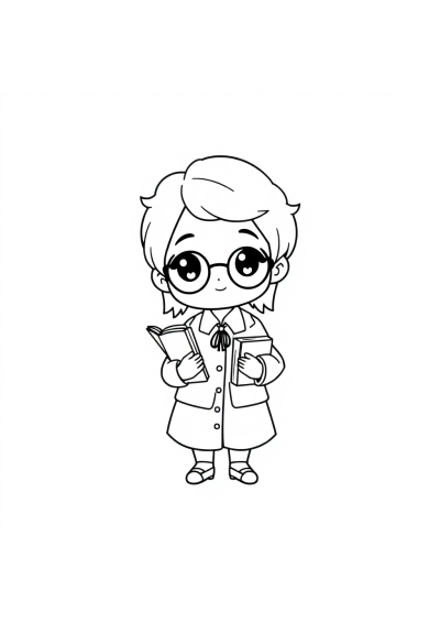 Chibi Librarian With Books Coloring Page