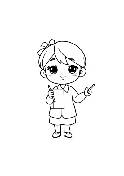 Chibi Teacher At Blackboard Coloring Page