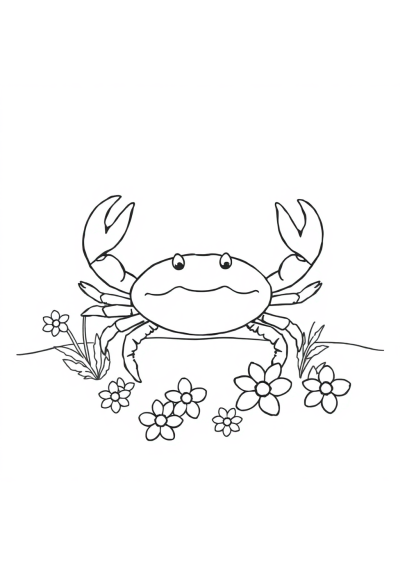 Crab On Beach With Flowers Coloring Page