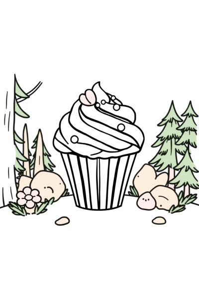 Cupcake Decorated In Forest Coloring Page