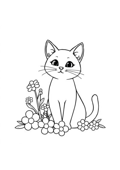 Cute Cat Sitting With Flowers Coloring Page