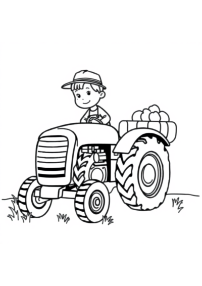Cute Farmer With Tractor Coloring Page