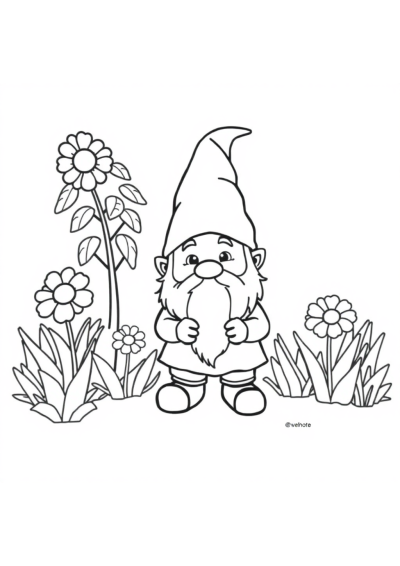 Cute Gnome In Garden Coloring Page