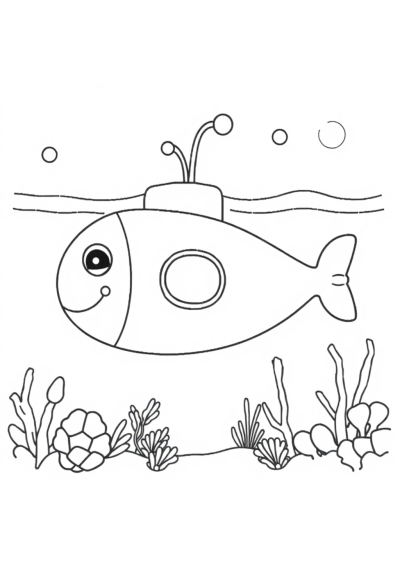 Cute Submarine Underwater Coloring Page