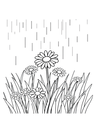 Daisy Meadow In Rain Coloring Page