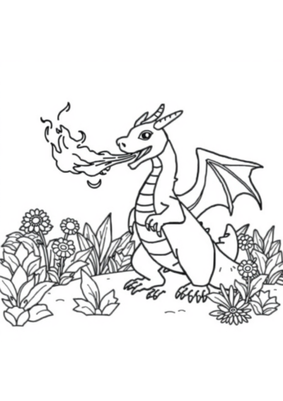 Dragon Breathing Fire In Garden Coloring Page