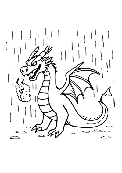 Dragon Breathing Fire In Rain Coloring Page
