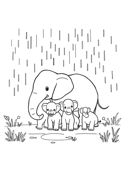 Elephant Family In Rain Coloring Page