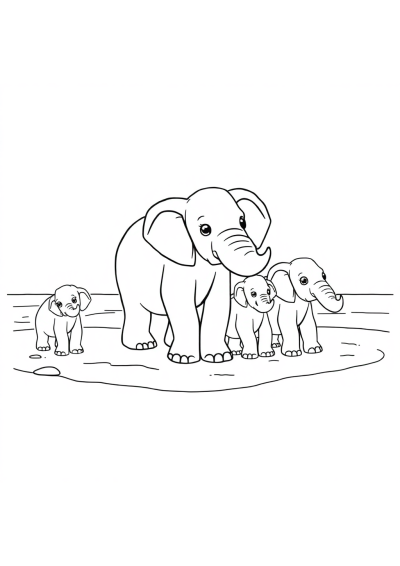 Elephant Family On Beach Coloring Page
