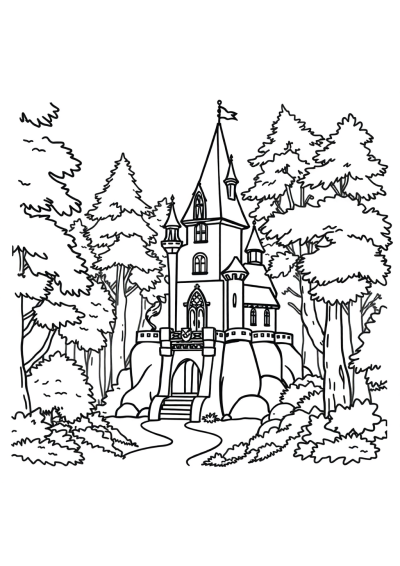 Enchanted Castle In Forest Coloring Page