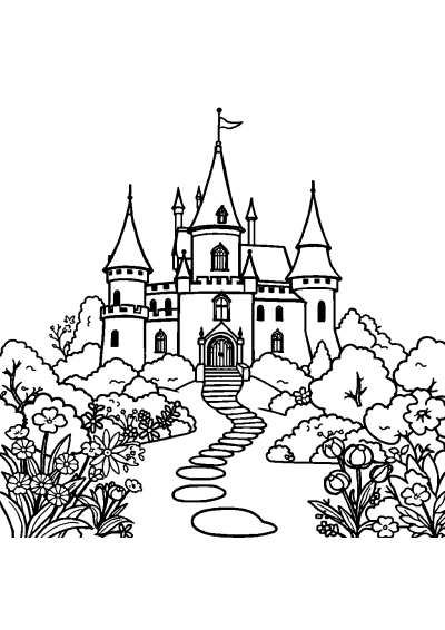 Enchanted Castle In Garden Coloring Page