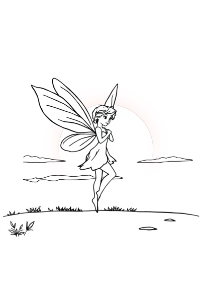 Fairy With Wings At Sunset Coloring Page