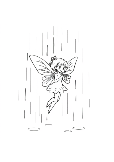 Fairy With Wings In Rain Coloring Page