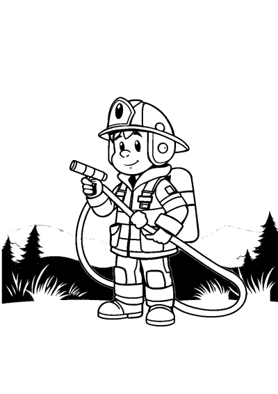 Firefighter With Hose At Sunset Coloring Page
