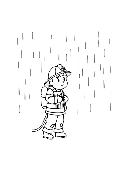 Firefighter With Hose In Rain Coloring Page