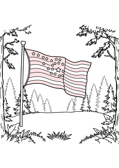 Fourth Of July Flag In Forest Coloring Page