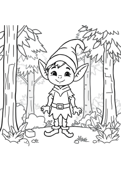 Funny Elf In Forest Coloring Page