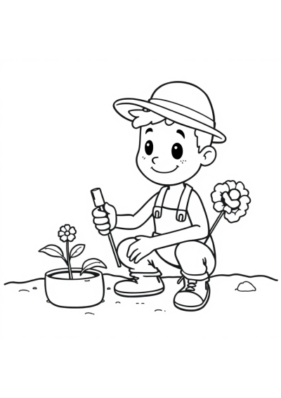 Funny Gardener Planting Coloring Page