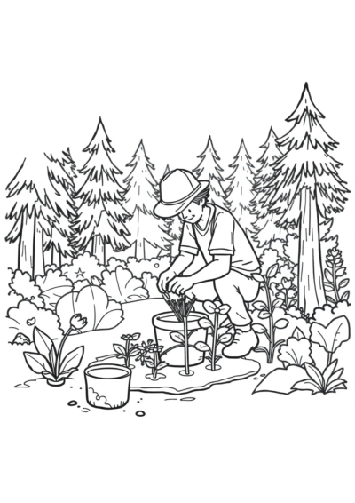 Gardener Planting In Forest Coloring Page