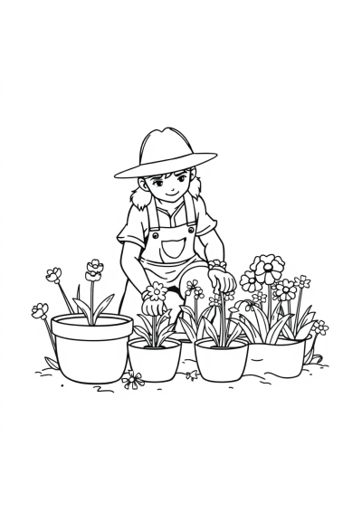 Gardener Planting With Flowers Coloring Page