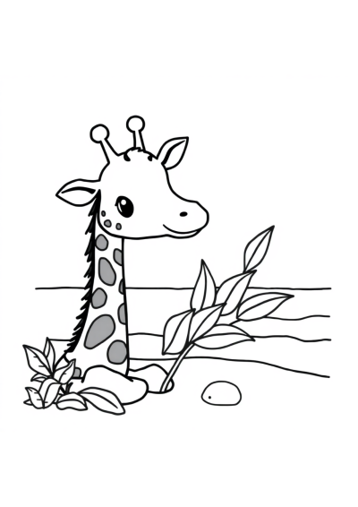 Giraffe Eating Leaves On Beach Coloring Page