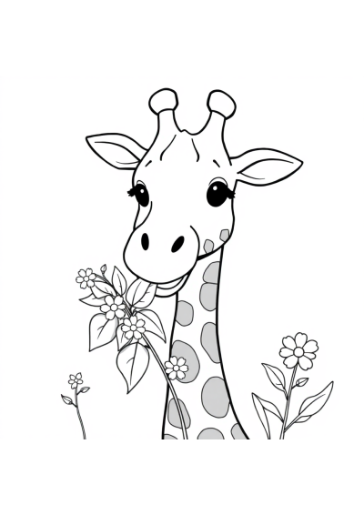 Giraffe Eating Leaves With Flowers Coloring Page
